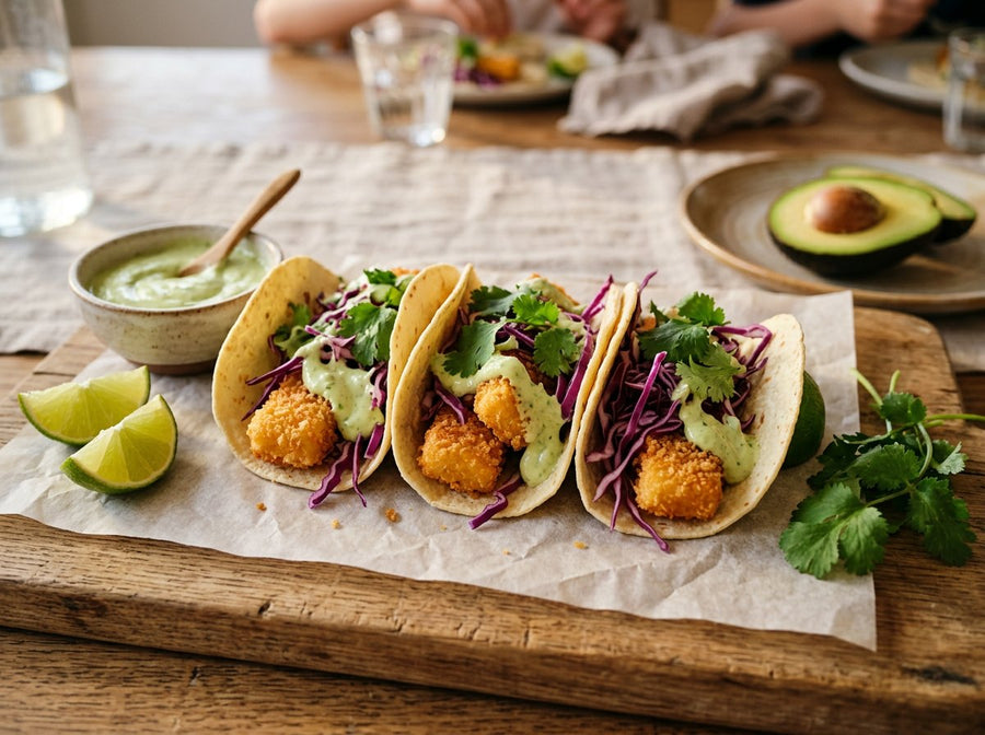 Crispy Fish Tacos with Avocado-Lime Crema