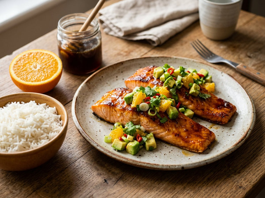 Manuka Honey & Orange Glazed Salmon with Avocado Salsa
